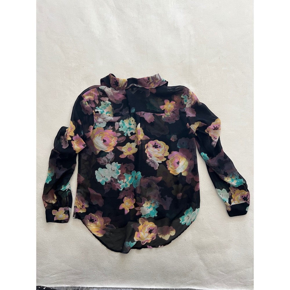 Decree Women Black Floral Sheer Button Down Blouse Long Sleeve Shirt Size M - Picture 2 of 13